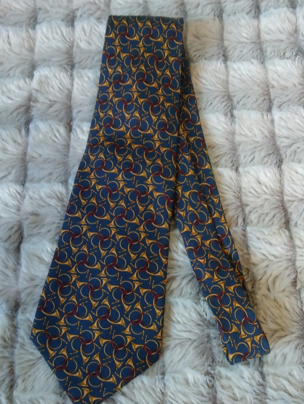 Ralph Lauren Blue Tie with Gold Horn & Red Ring Pattern